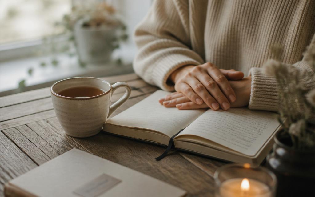 Hands resting on an open notebook with a cup of tea in soft light