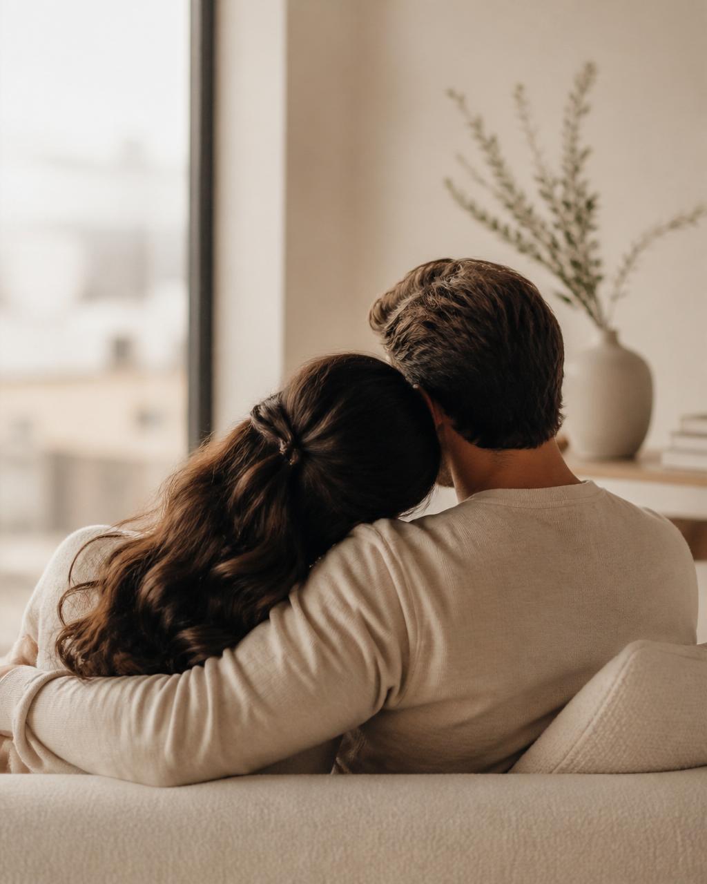 A couple sitting close together in a warm, supportive space
