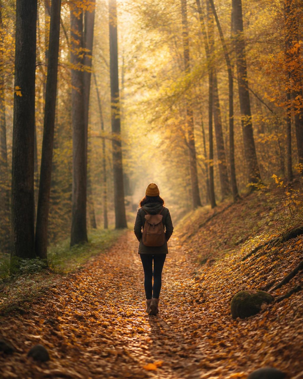 A person walking a golden-leafed forest path toward the light